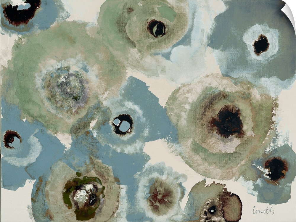 Semi-abstract artwork of a group of blue and grey flowers.