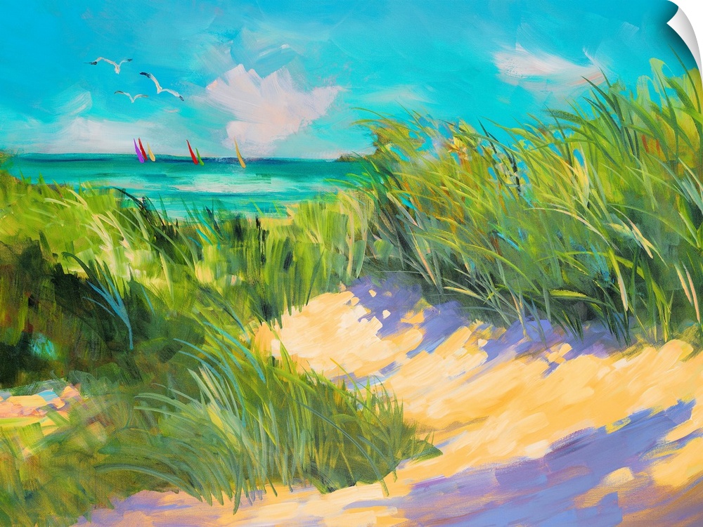Contemporary painting of a realizing beach scene. The ocean is framed by dune grass bending in the wind, as seagulls fly o...