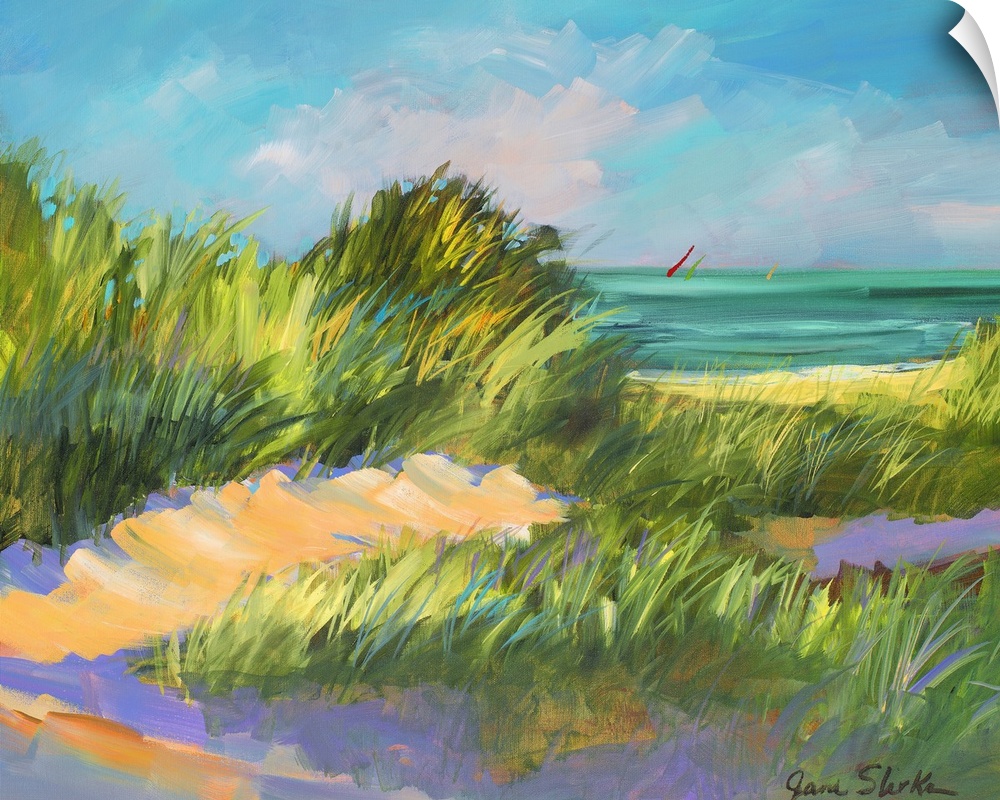 A beautiful piece of artwork that is a painting of grass on the beach dunes that is blowing in the wind with the ocean sho...