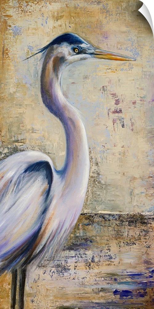 A large vertical piece of a painting of a heron with an antiqued background.