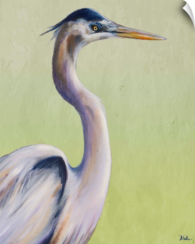 Contemporary painting of a Great Blue Heron against a pale green background.
