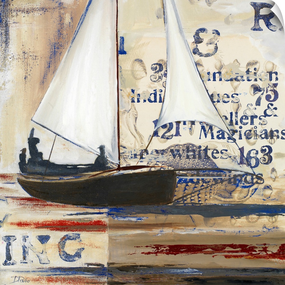 Square painting of a sailboat on canvas with abstract writing and layers of paint behind it.