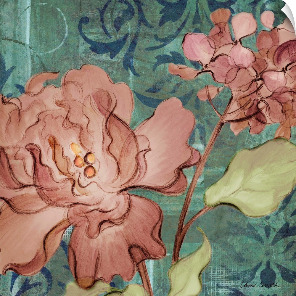 Contemporary painting of dark orange lilac flowers against a background of ornate designs.