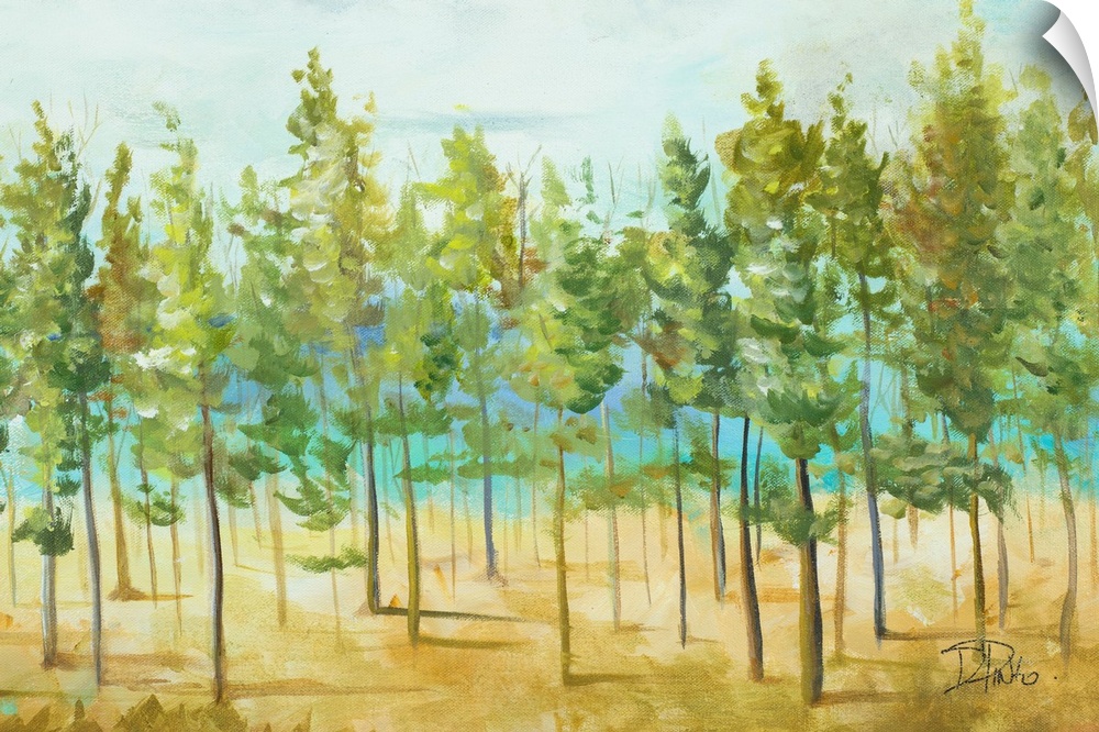 Contemporary painting of a row of thin trees with bright green leaves.