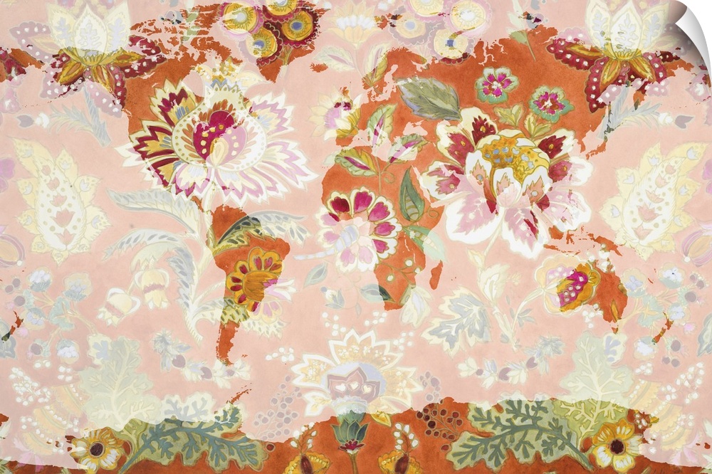 A map of the world with a bright orange floral pattern.