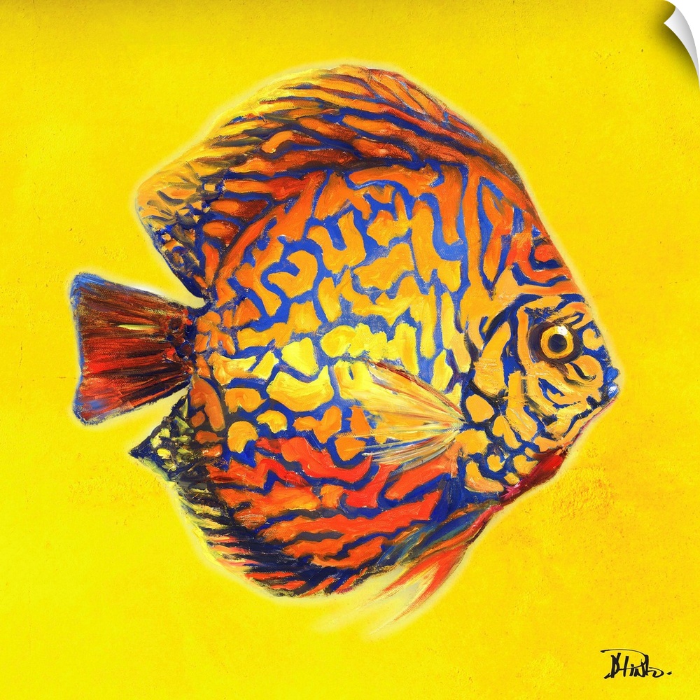 Contemporary painting of a tropical fish against a bright yellow background.