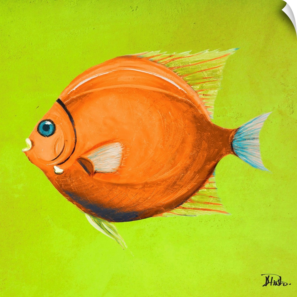 Contemporary painting of a tropical fish against a bright green background.
