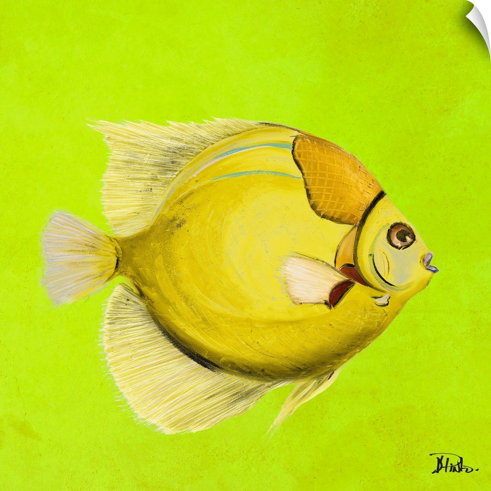 Contemporary painting of a tropical fish against a bright green background.