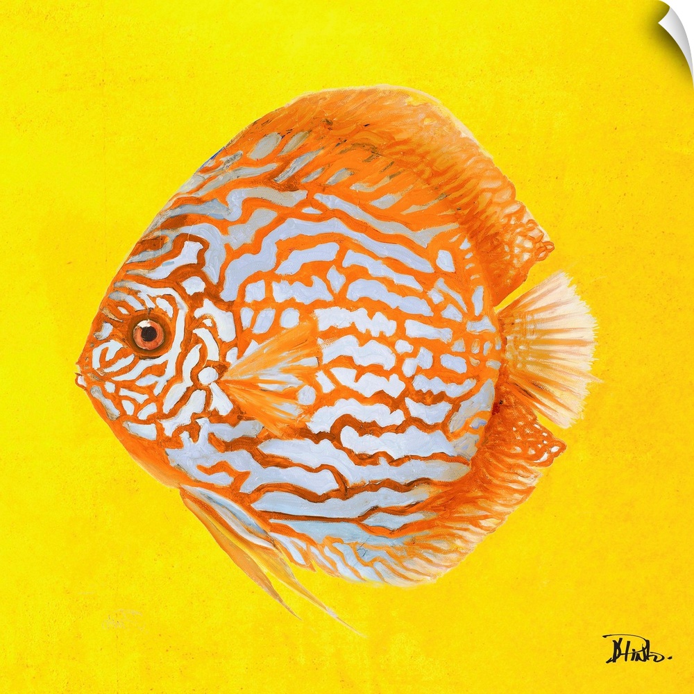 Contemporary painting of a tropical fish against a bright yellow background.