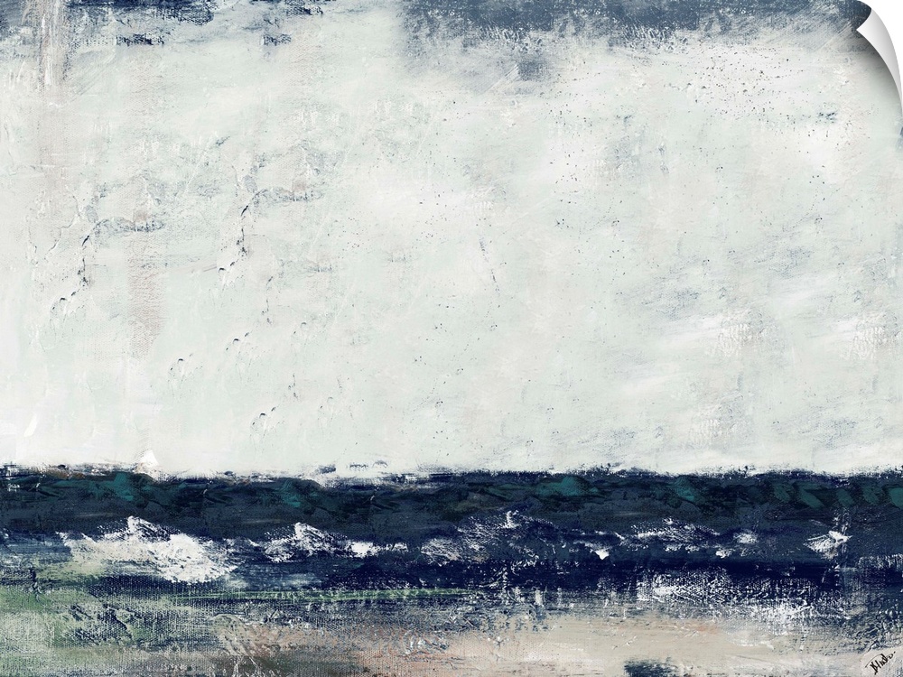 A contemporary abstract painting of the ocean at Cape Cod with dark blues and an overcast sky.