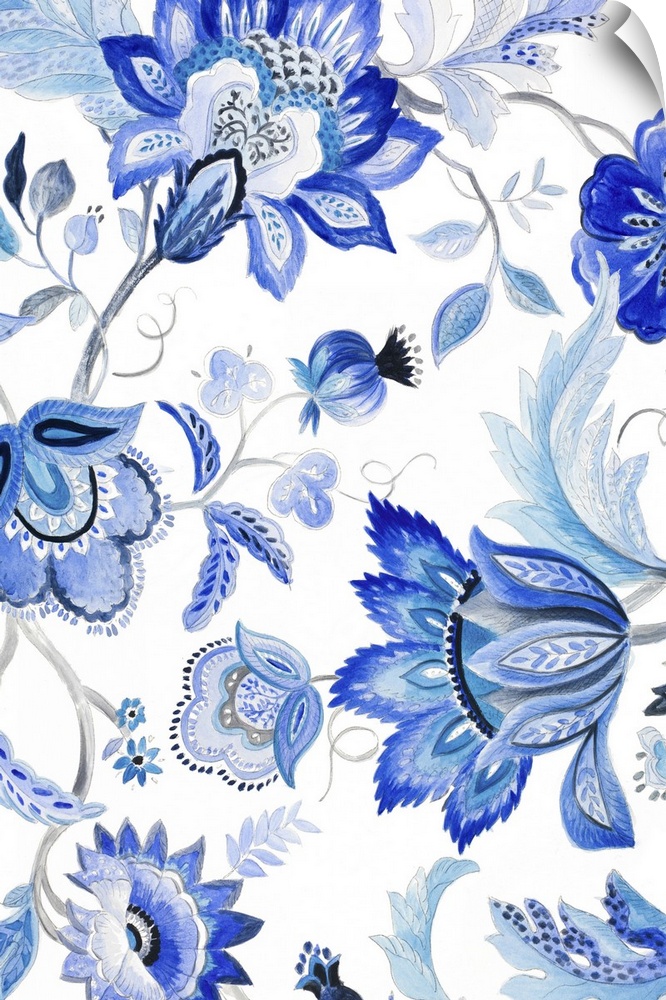 Contemporary blue floral pattern against a white background.