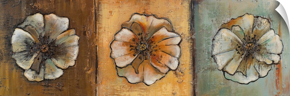 Oil painting of three round flowers in sepia tones, arranged in a row, giving the impression of a triptych.