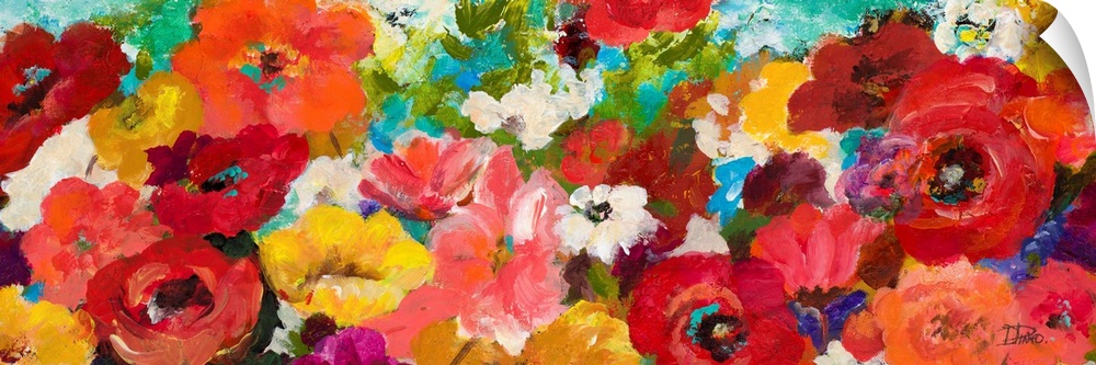 Contemporary panoramic painting of colorful flowers.