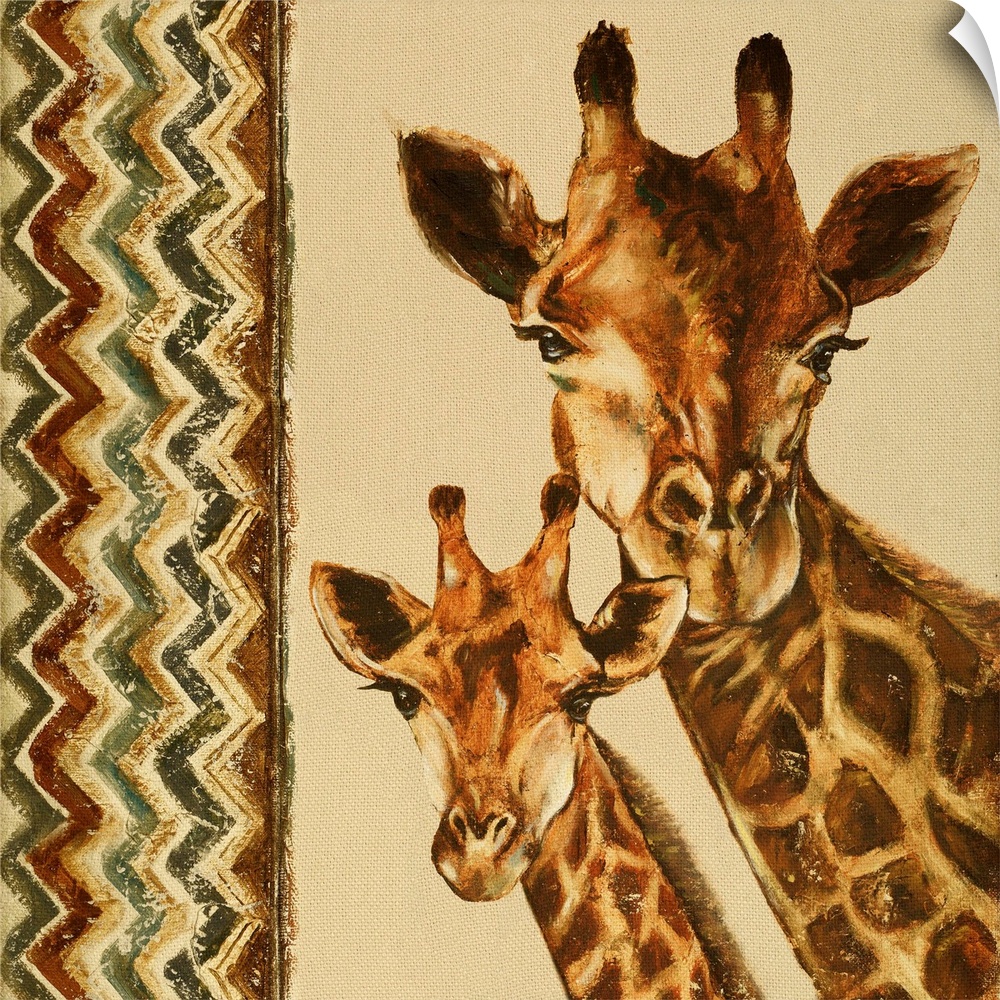 A mother and baby giraffe with a chevron pattern.