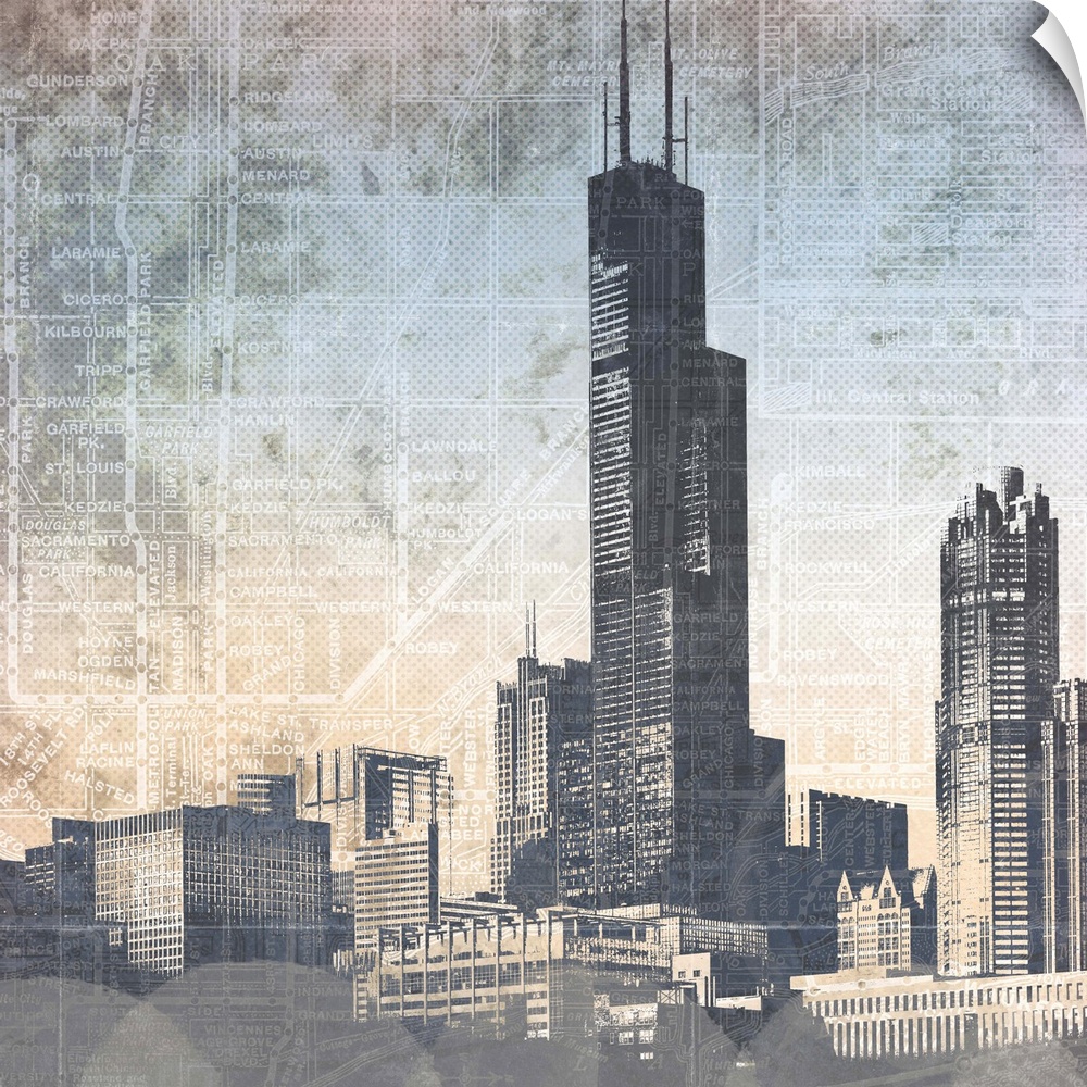 Skyscrapers in Chicago against a grunge-textured map.