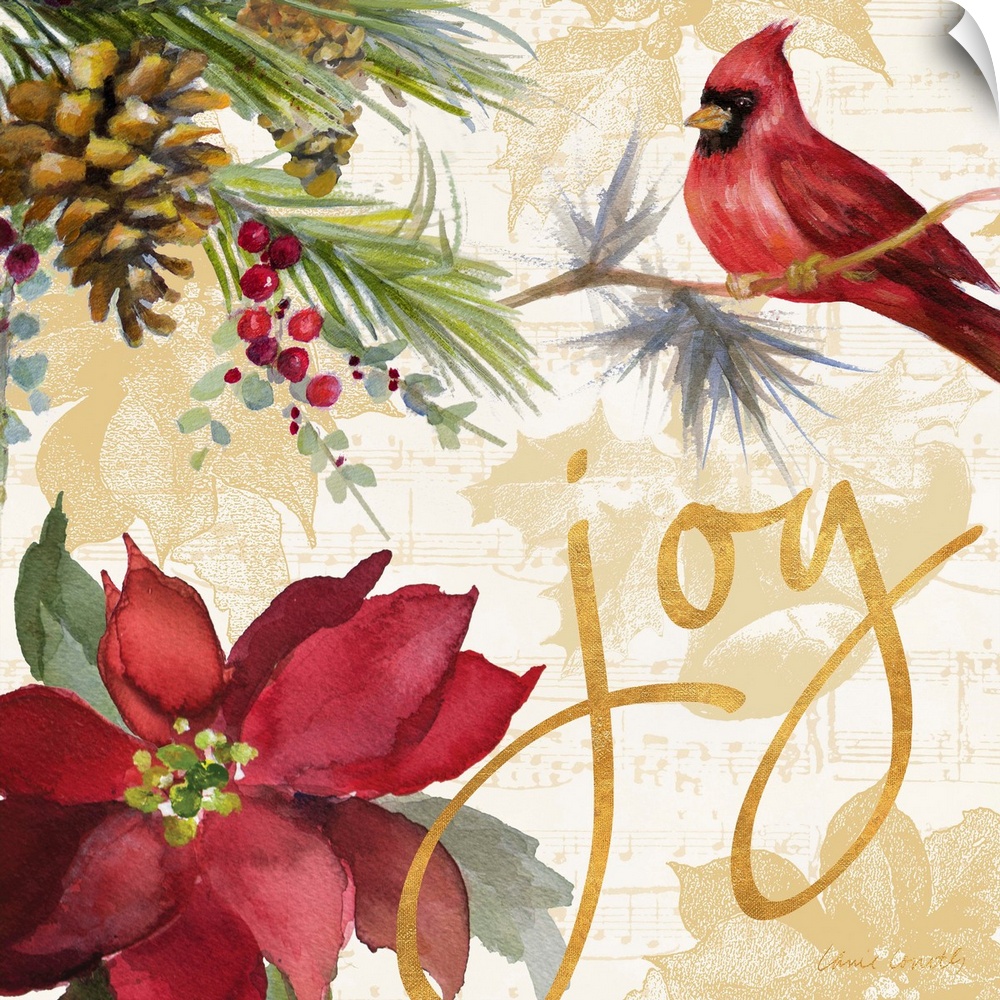 Seasonal holiday artwork featuring a poinsettia and a cardinal, with the word "Joy."