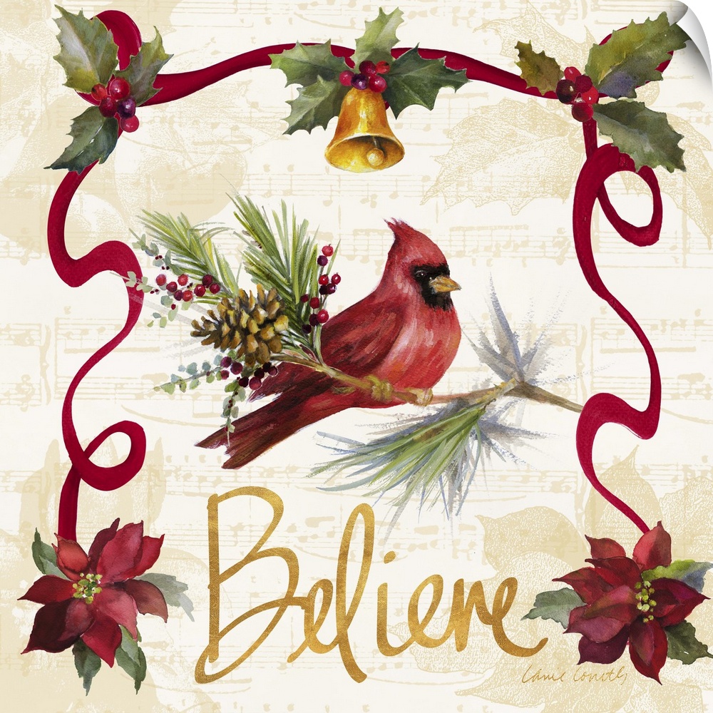 Seasonal artwork with a cardinal surrounded by poinsettias and ribbons.