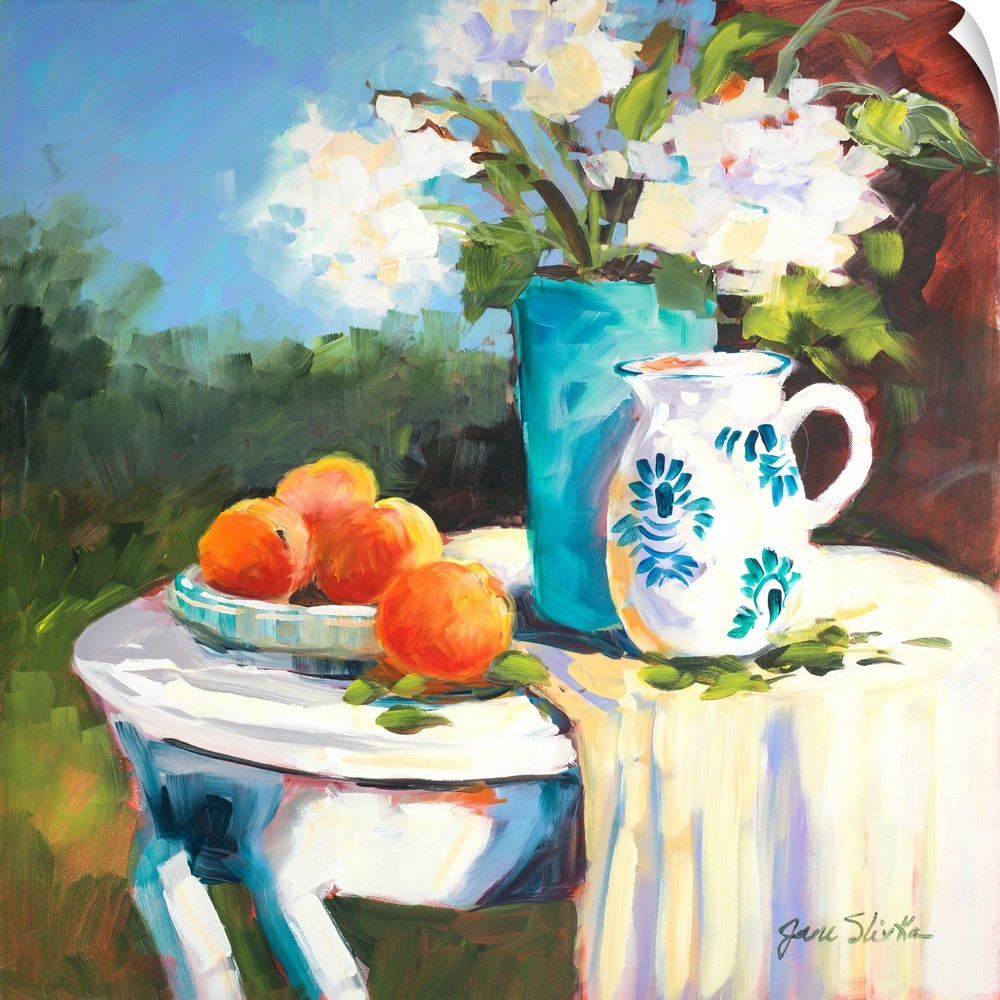 Painting of a table with a plate of oranges, a blue vase, and a pitcher.