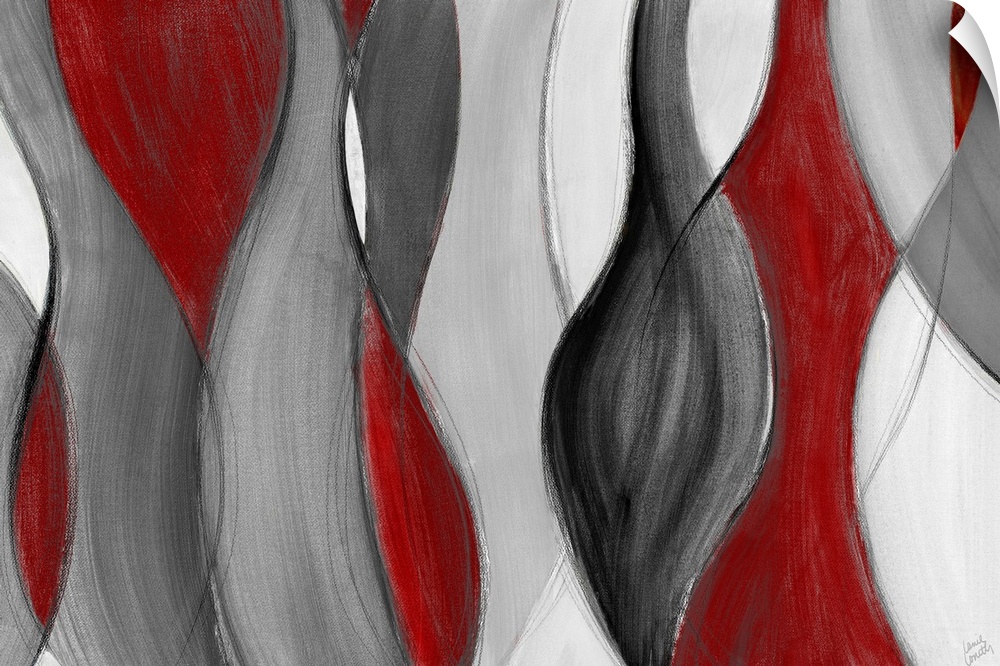 Horizontal abstract painting of swirling, vertical curves.