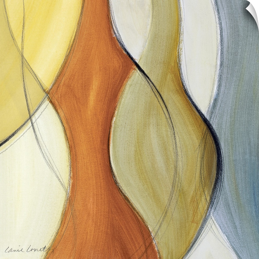 Abstract artwork of different curves of color intertwining throughout the print. The colors are more muted.