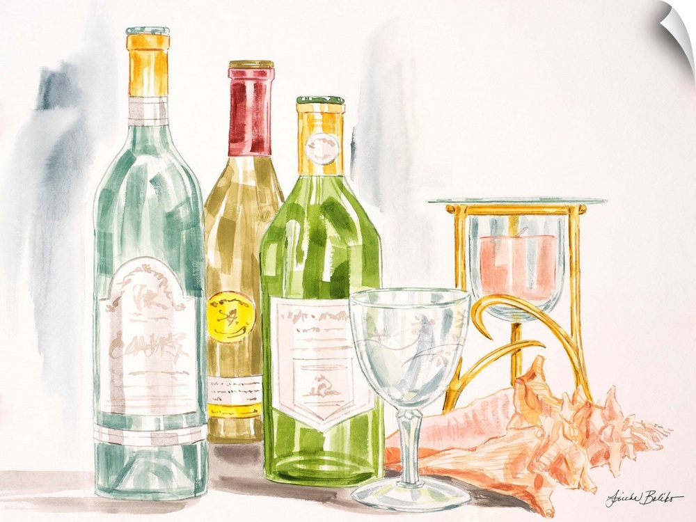 Watercolor painting of wine bottles with candles and a conch shell.