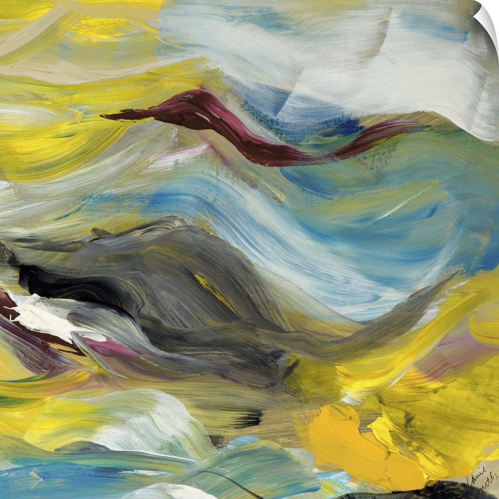 Contemporary abstract artwork in flowing yellow, grey, and blue tones.