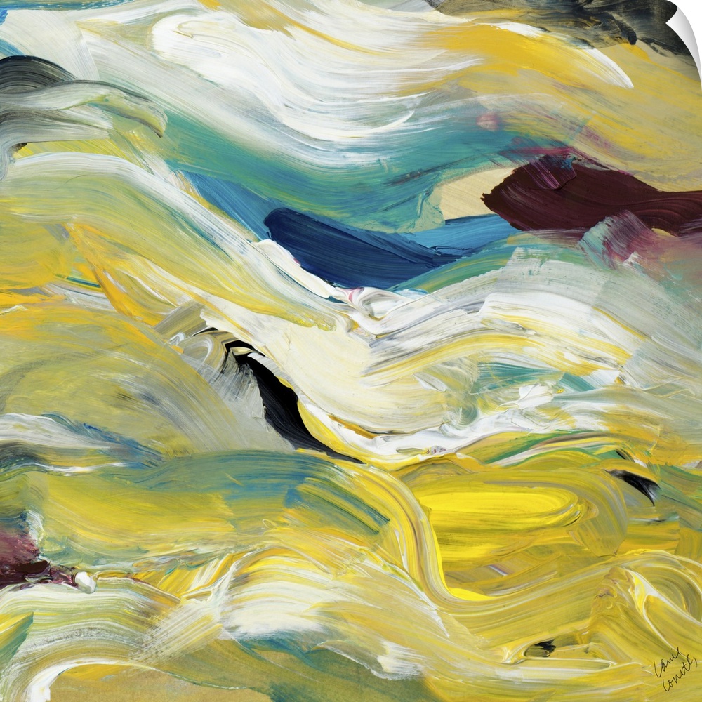 Contemporary abstract artwork in flowing yellow and blue tones.