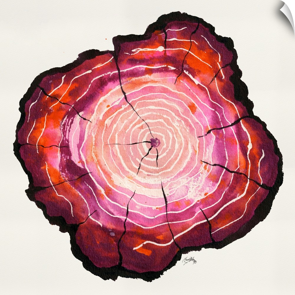 Square watercolor painting of a tree trunk in shades of pink with white tree rings.