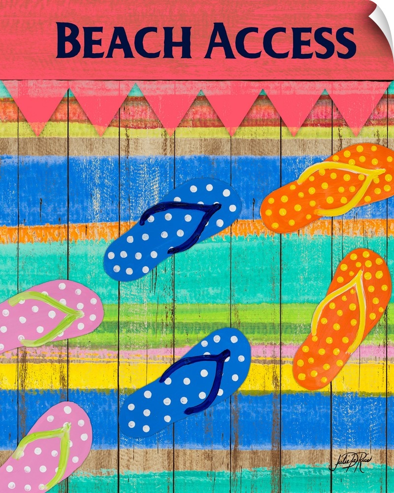 Beach themed painting with polka dotted flip flops on a wooden background with colorful stripes and "Beach Access" written...