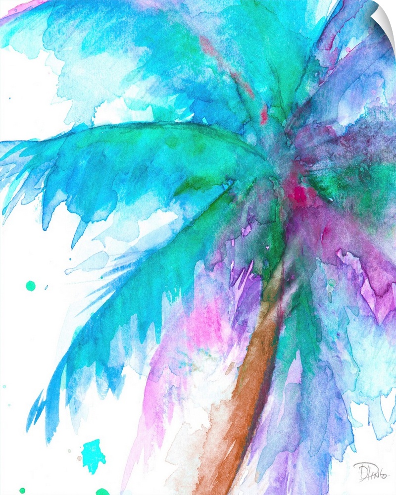 Watercolor painting of a big palm tree with green, blue, and purple branches on a white background.