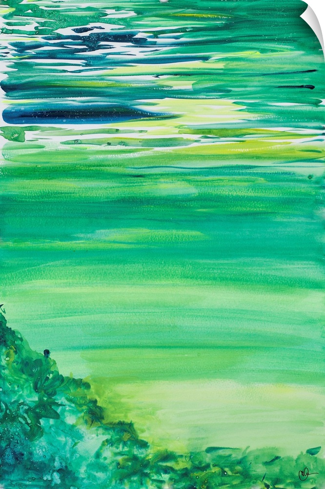 A contemporary abstract painting with blue, green, and yellow hues.