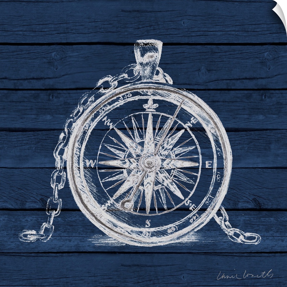 A painting of a white compass on a blue wood paneled background.