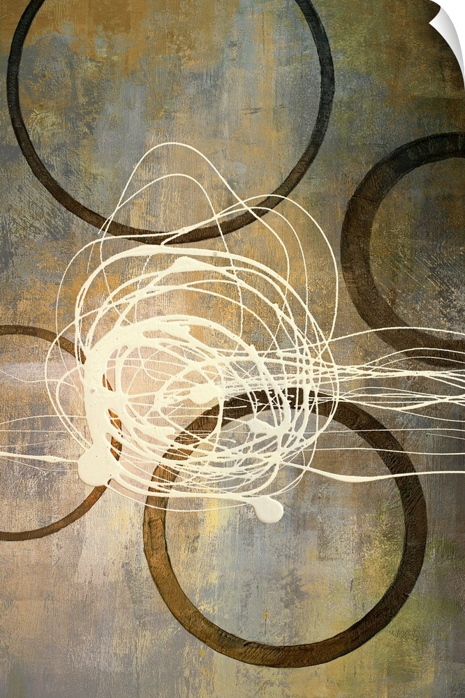 Abstract artwork that consist of four brown circles with an off white scribble in the middle.