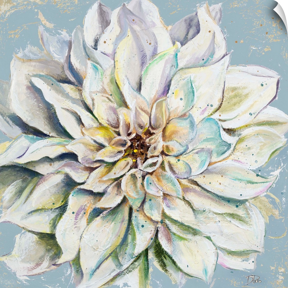 A contemporary painting of a cool toned dahlia on a blue and tan background.