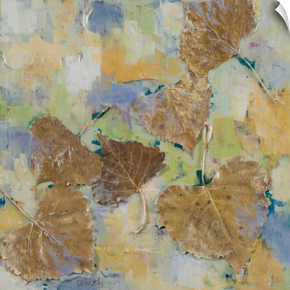 Contemporary painting with several brown leaves surrounded by abstract color.