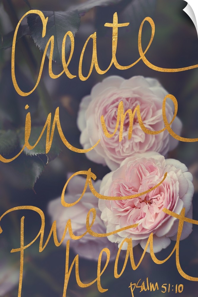 Photograph of light pink flowers with a soft background and the verse "Create in me a pure heart" Psalm 51:10 written on t...