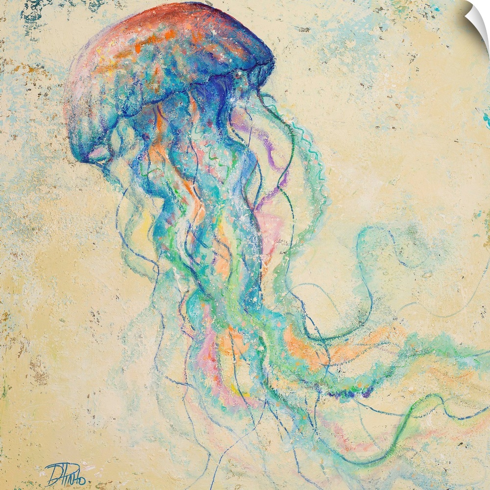 Contemporary painting of a whimsical looking jellyfish against a cream background.