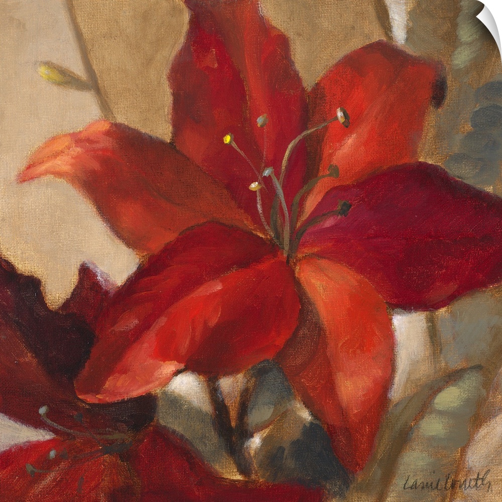 Giant square floral painting of two deep red lilies on a background of golden earth tones.