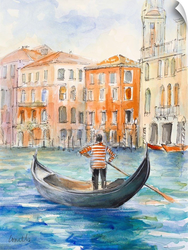 Contemporary watercolor painting of a gondola on a canal surrounded by warm colored buildings.