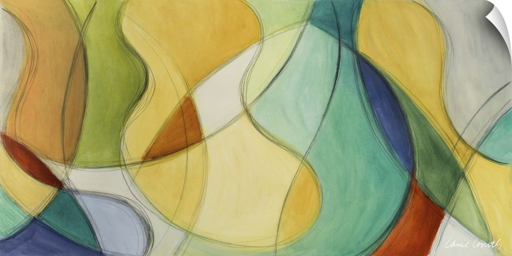 Abstract contemporary artwork in of swirling intersected shapes in a variety of colors.