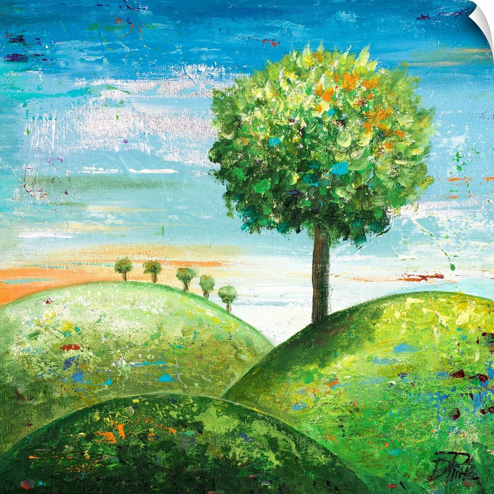 Contemporary painting of a round tree on a green hillside.