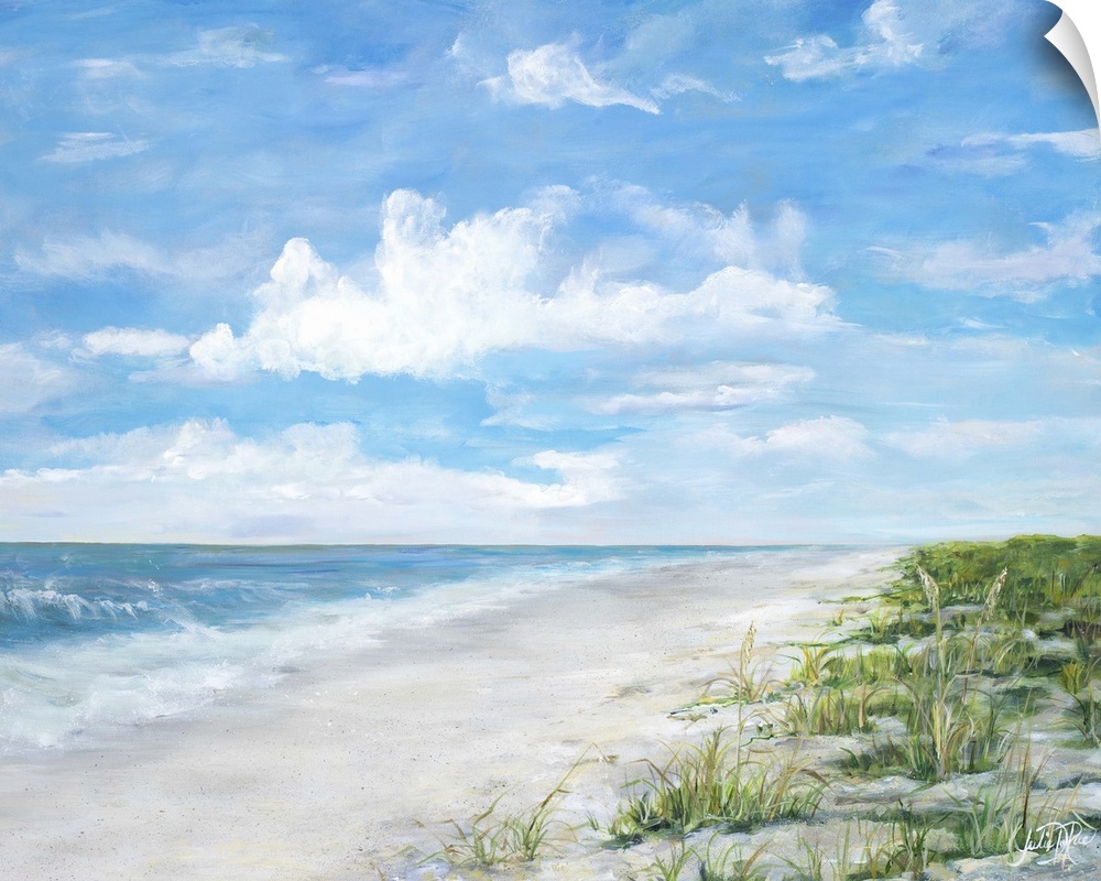 Contemporary painting of a sandy beach with ocean waves crashing on shore.