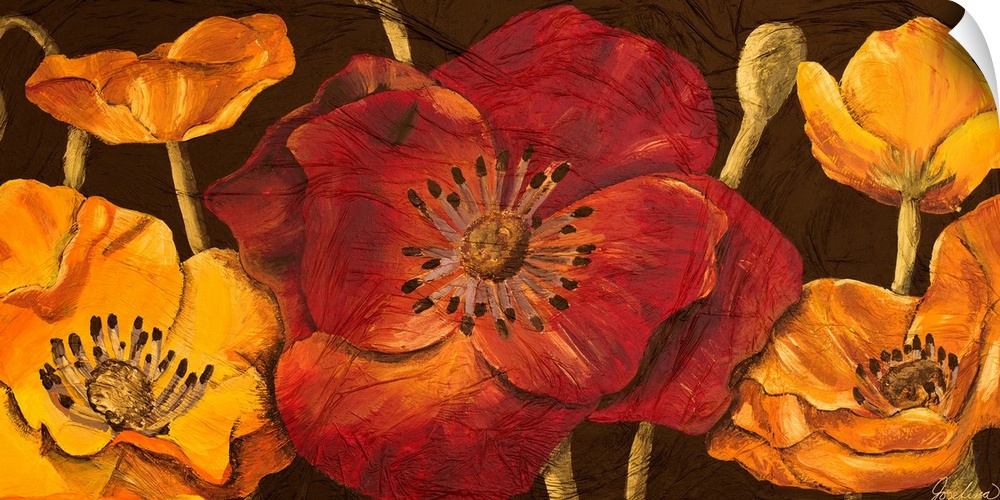 Panoramic contemporary art depicts a group of poppy flowers and buds sitting against a earth toned background.