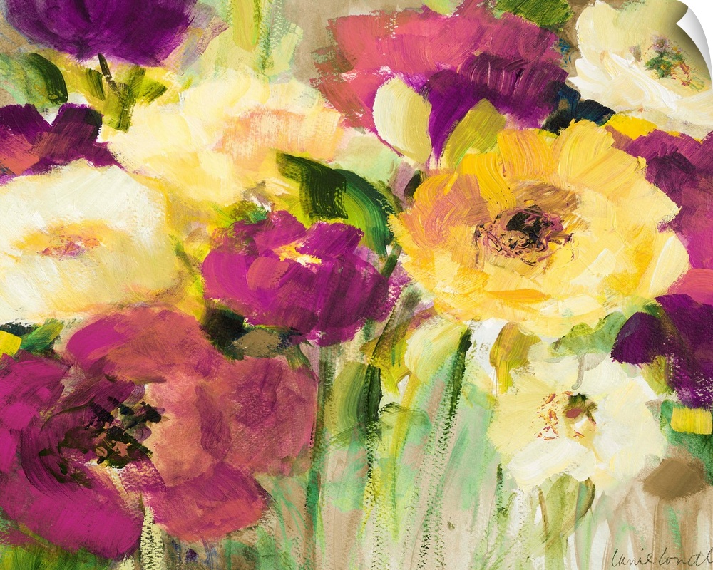 Big floral art shows an arrangement of vibrantly colored flowers.  Artist uses a lot of short brushes strokes on this piece.