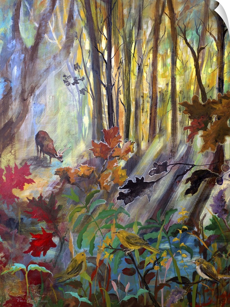 Contemporary painting of a deer in a shaded forest, drinking from a creek.