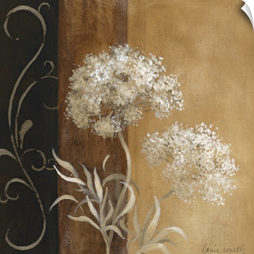 Decorative artwork for the home of white painted flowers in front of a brown and black wall.