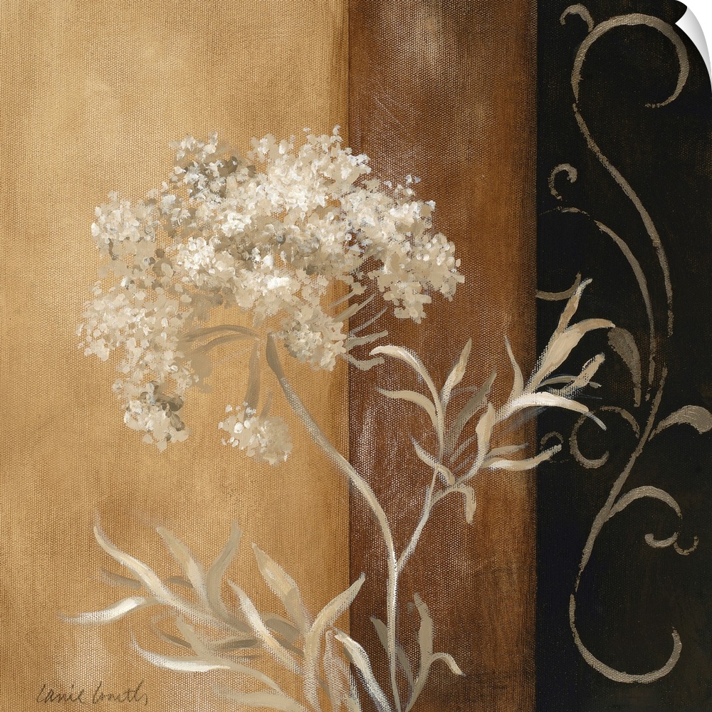 Neutral colored painting of flower clusters and their leaves on a background made of bands of color with a scroll design.