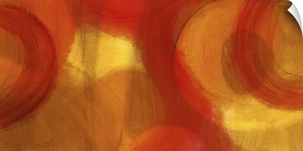 Long abstractly painted canvas with patches of warm color with circles painted around.