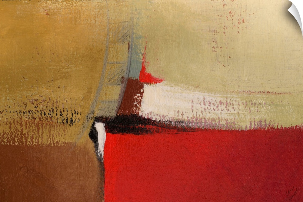 Abstract artwork in earth tones with bright red.