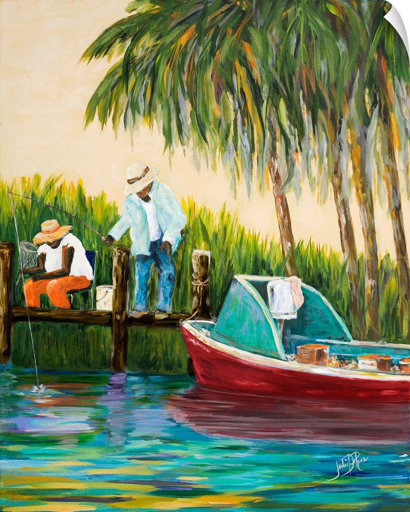 Two men on a wooden dock near palm trees with a red fishing boat.